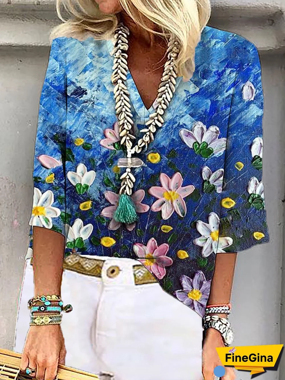 3/4 Sleeve Casual Shift Floral Tops