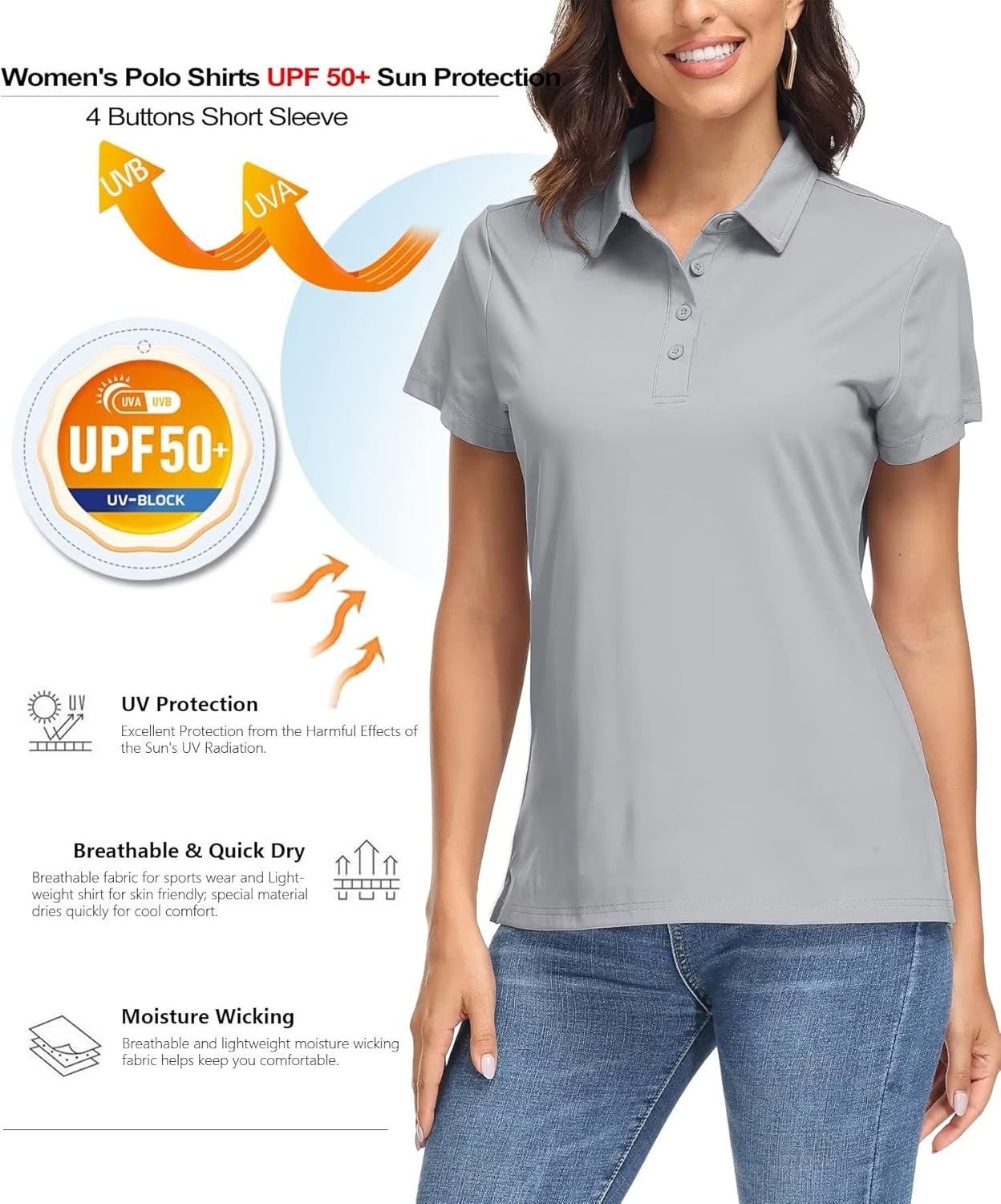 Women's Polo Shirts UPF 50+ Sun Protection 4 Buttons Casual Work Quick Dry Short Sleeve Collared Golf Shirt