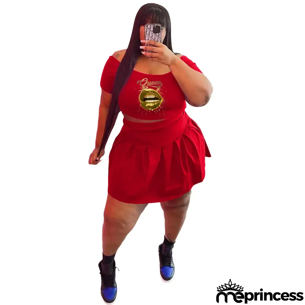 Fashion Plus Size Athleisure Pleated Skirt Two Piece Set