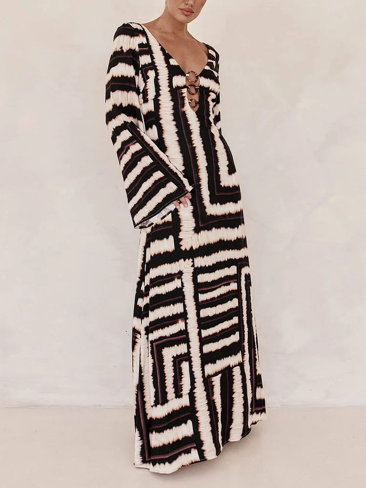 V-Neckline Unique Printed V Tie Ring Maxi Dress