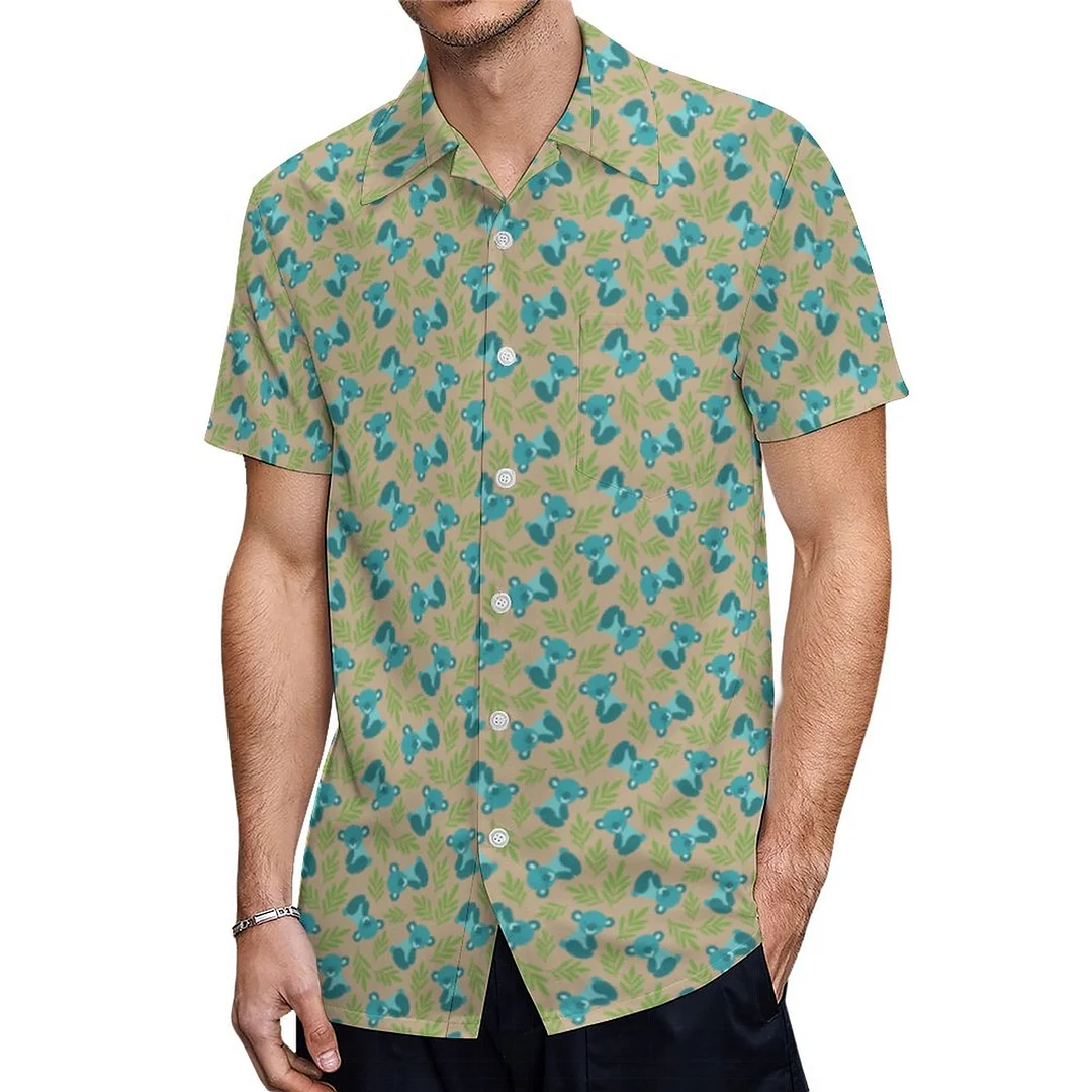 Short Sleeve Teal Koala Bear Hawaiian Shirt Mens Button Down Plus Size Tropical Hawaii Beach Shirts