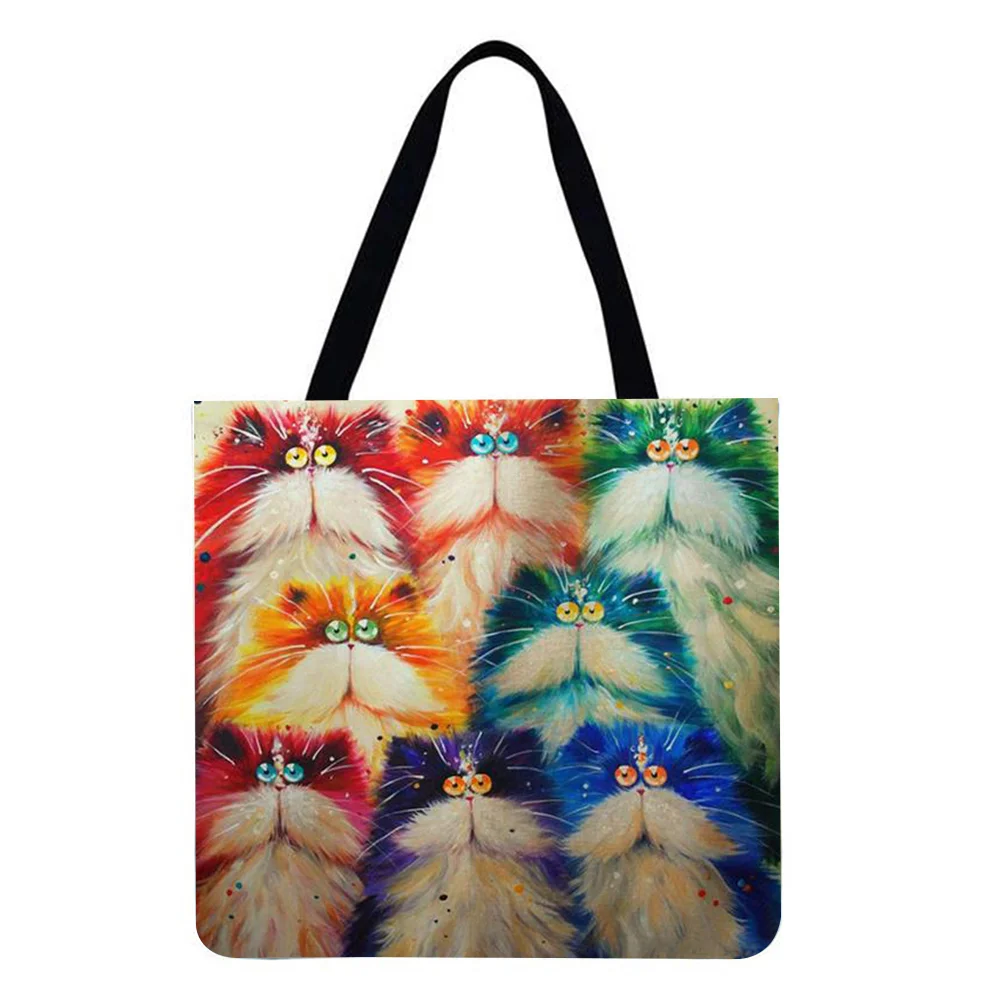 Linen Tote Bag-Colorful cats