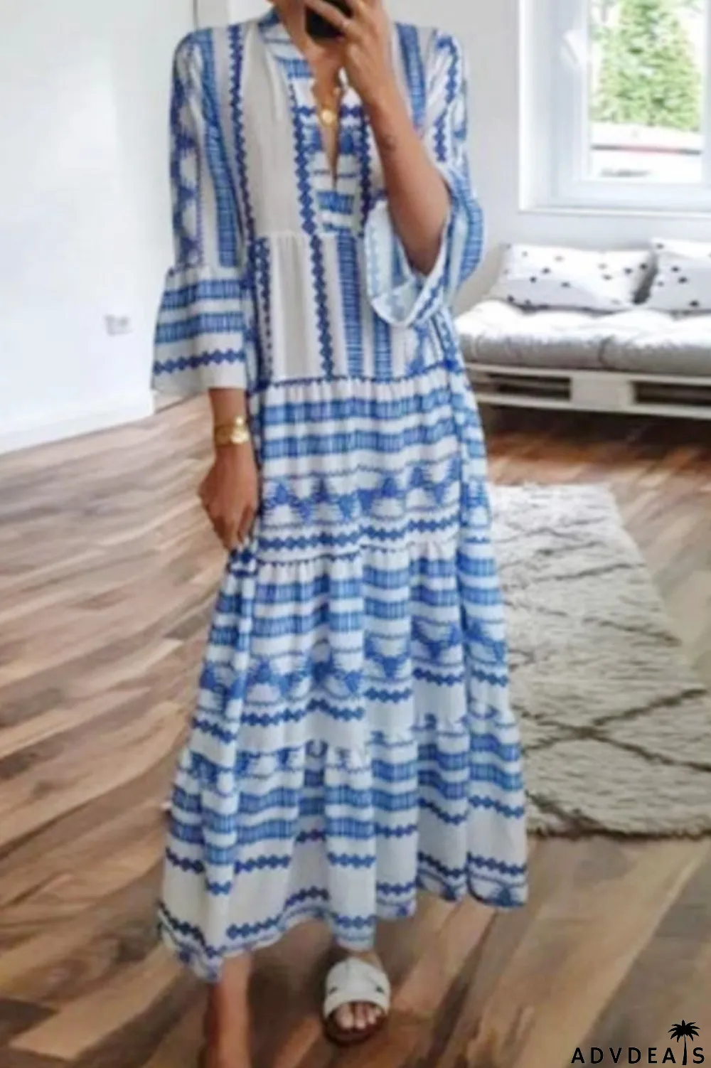 Women's Vintage Boho Print Pleated Deep V Neck Boho Maxi Dress