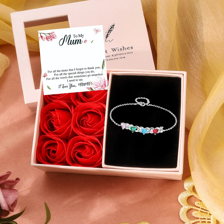 4 Names-Personalized Bracelet Set With Gift Card Gift Box-Custom Bracelet With 4 Heart Birthstones Engraved Names Bracelet Gift For Women