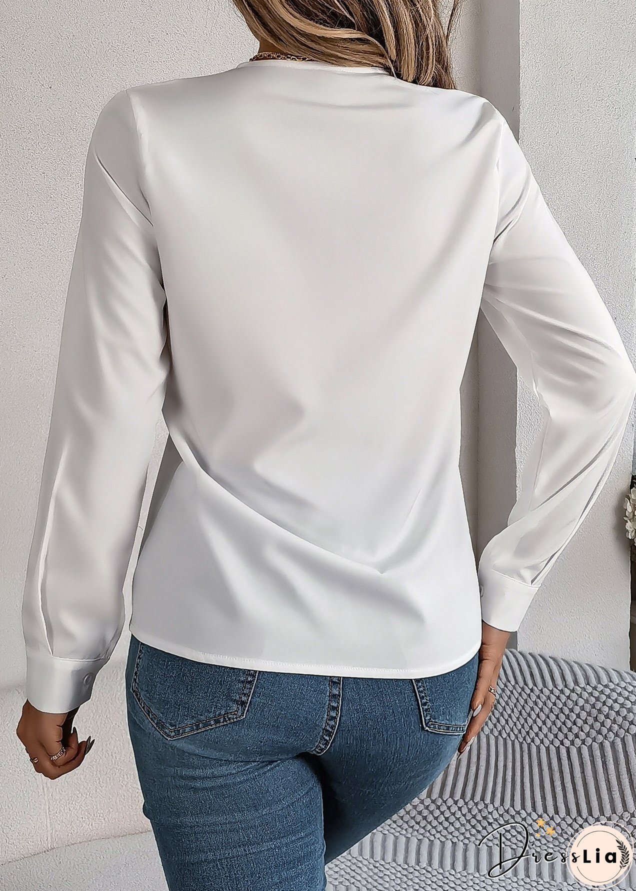 Women White V Neck Patchwork Cotton Shirt Fall
