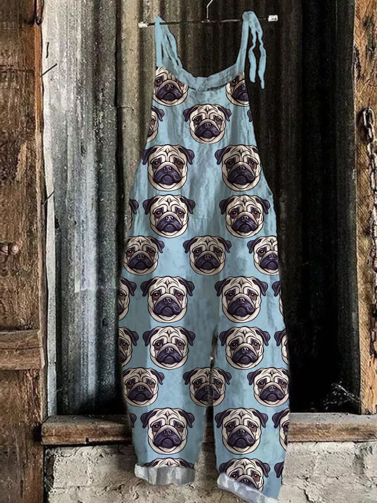 Pug Dog Puppy Cute Pattern Linen Casual Jumpsuit wearshes