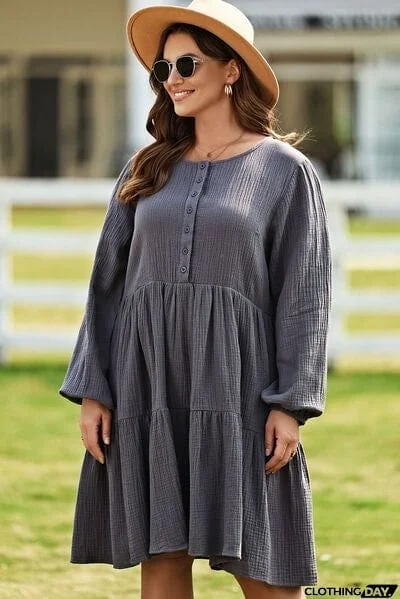 Plus Size Textured Balloon Sleeve Tiered Dress