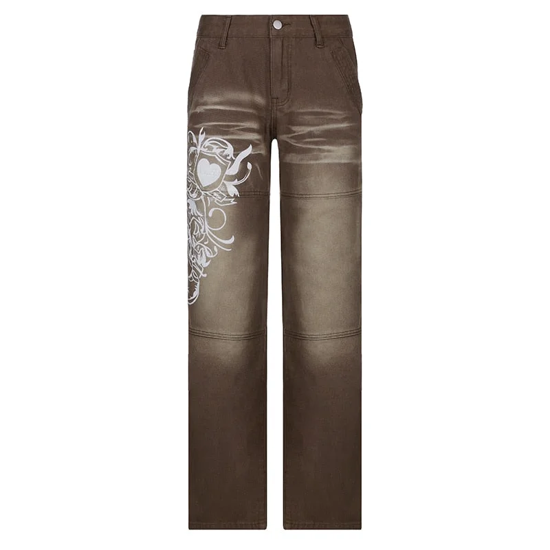 Rapcopter y2k Printed Blue Jeans Kawaii Baggy Straight Trousers Retro Streetwear Pockets Zipper Denim Joggers Women Hot Mom Jean