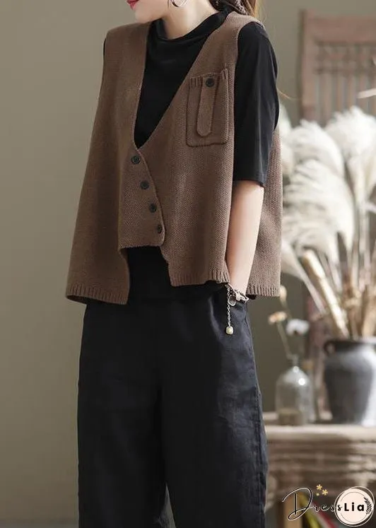 Style Coffee Asymmetrical Patchwork Knit Vest Sleeveless