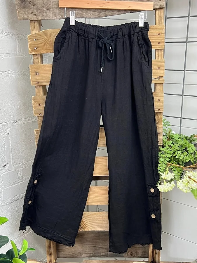 Women's Linen Button-Decorated Pocket Drawstring Trousers