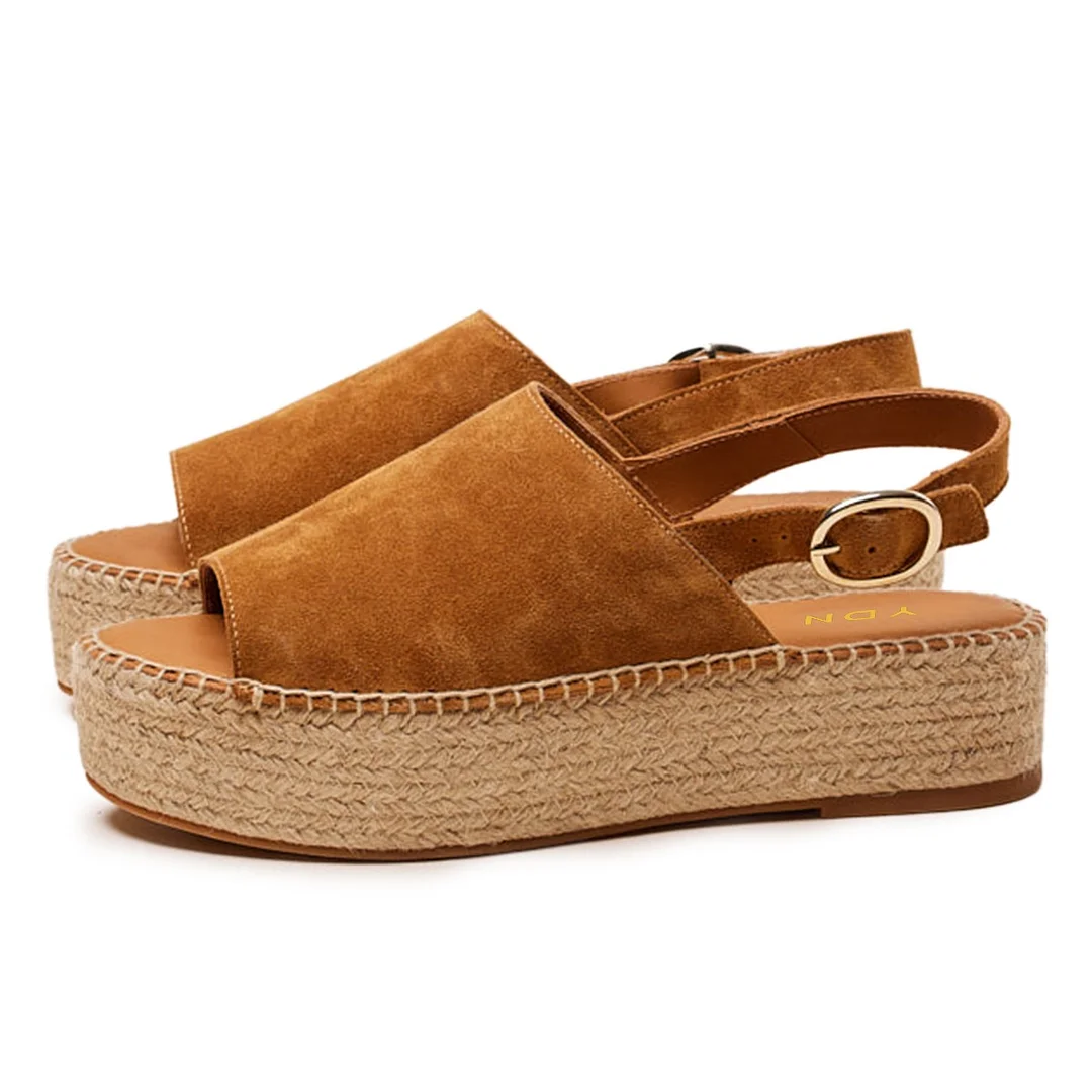 Brown Vegan Suede Open Toe Slingback Espadrille Platform Sandals