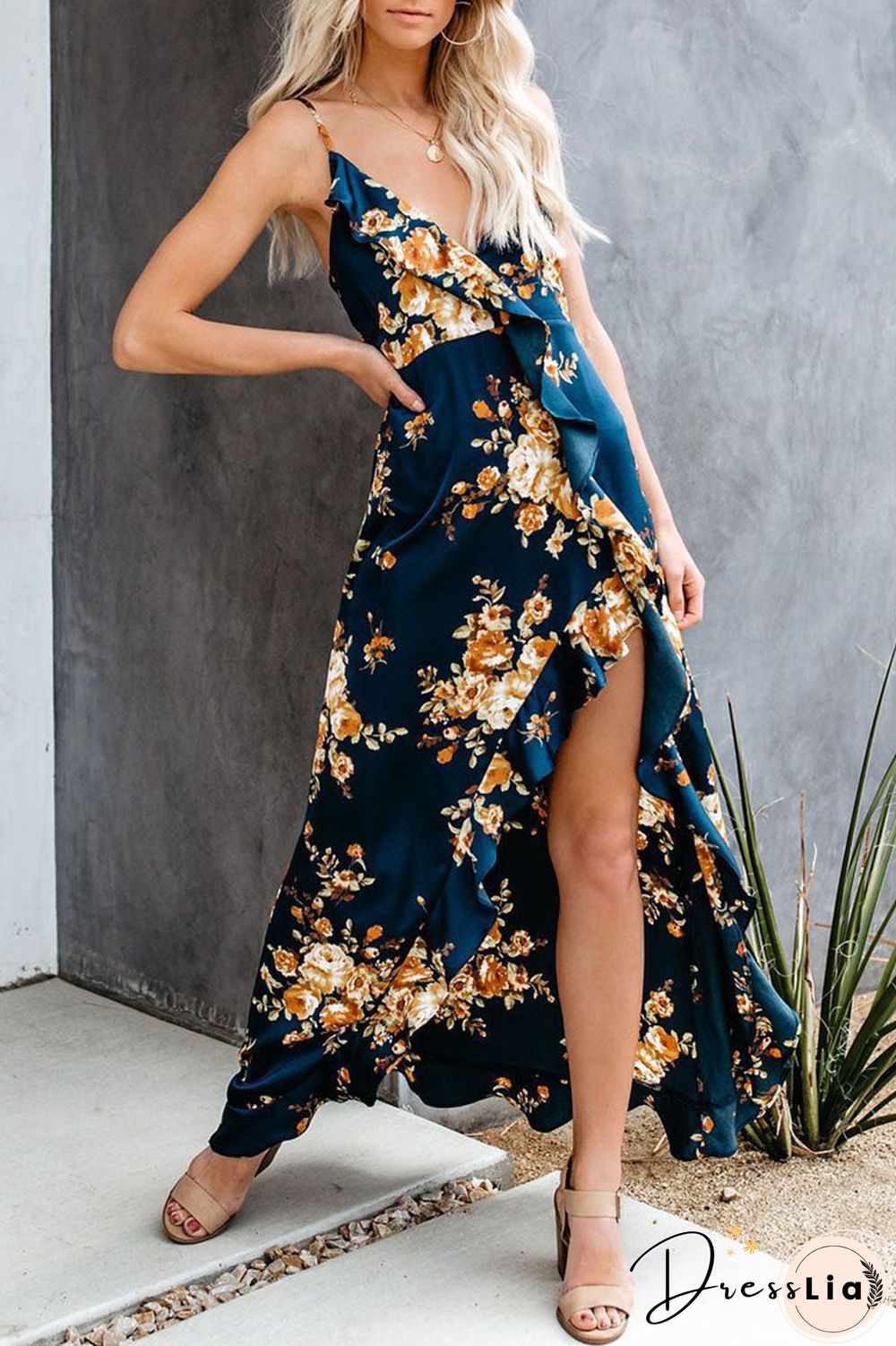 Fashion Street Print Split Joint V Neck Irregular Dresses