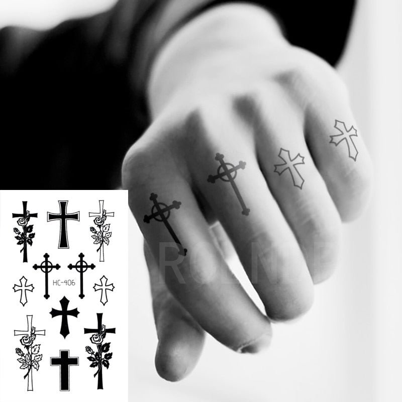 Waterproof Temporary Tattoo Sticker Small Cross Rose Flower on Finger Neck Hand Flash Tatoo Fake Tatto for Girl Women Men