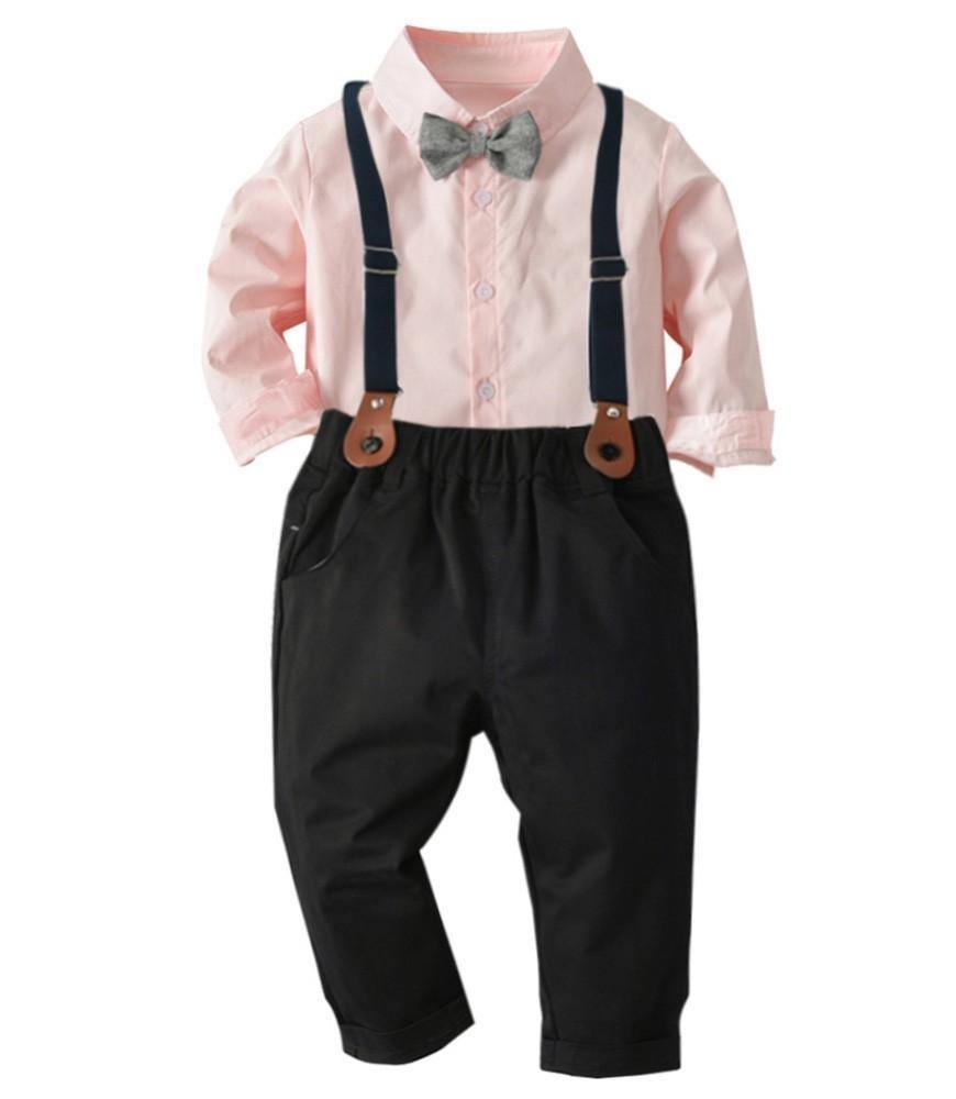 Buzzdaisy Boys Pink Cotton Shirt With Bow Tie And Suspender Pants Outfit Set