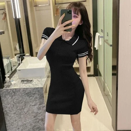 Dress Women Knitwear Stretchy Lapel Skinny Korean Style Tight Summer New Trend Elegant Fashion Female Mini Sexy Dresses Leisure