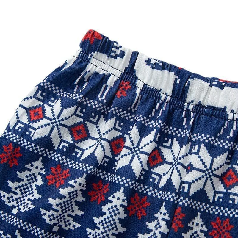 Merry Christmas Blue&White Long Sleeve Top and Pants With Christmas Trees Elk and Snow Print Family Matching Pajamas
