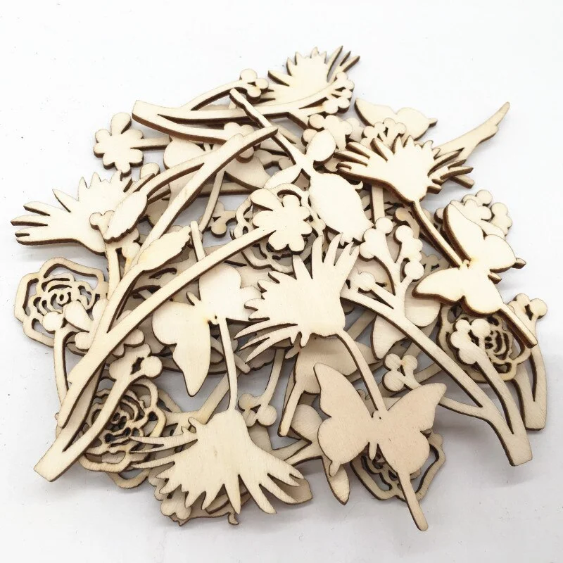 20pcs Laser Cut Wood Flowers and Leaves Blank Wooden Embellishments for DIY Crafts Christmas Wedding Decoration