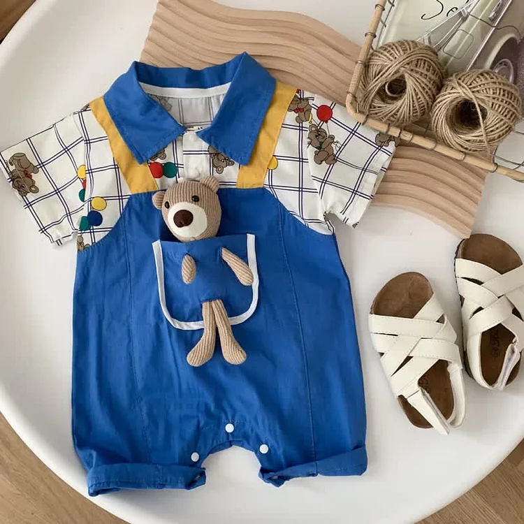 Baby Plaid Bear Splicing Polo Romper