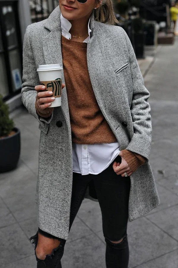 Grey Stand-collar Woolen Coat