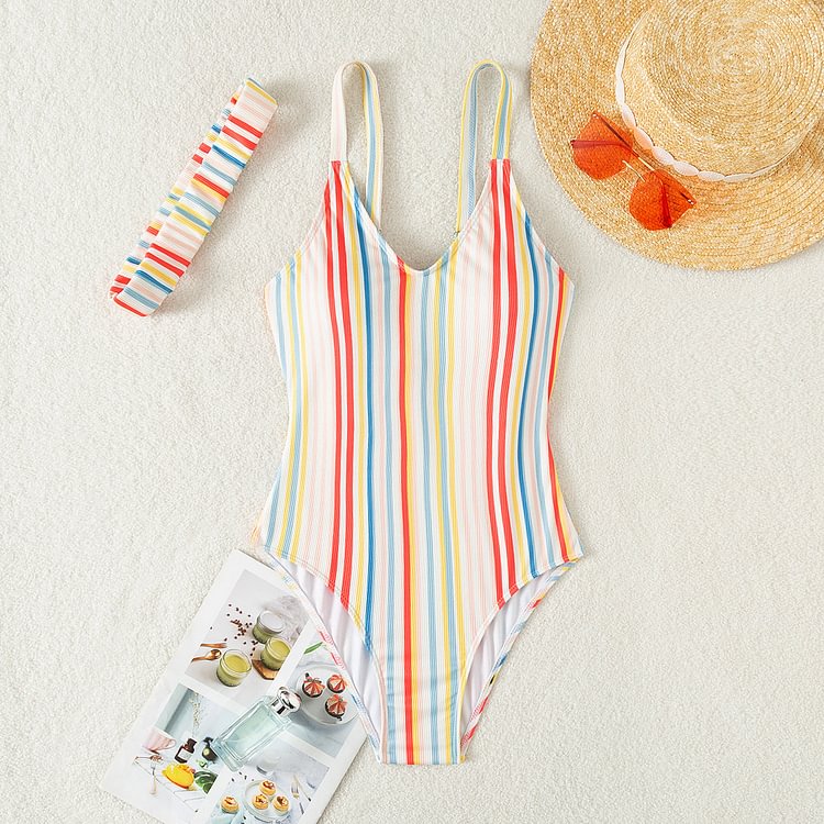 Flaxmaker Sexy Striped Printed Lace Up One Piece Swimsuit