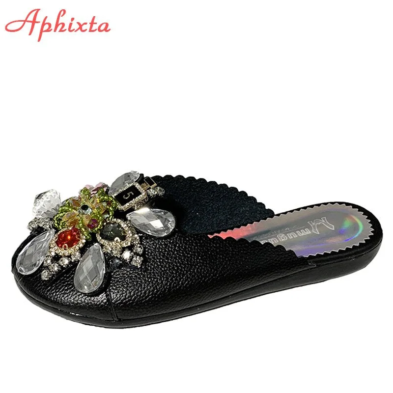 Aphixta Luxury Diamond Mules Women Slides Crystals Round Toe Ladies Bling Flower Shoes Summer Footwear Plus Big Size 43 Slippers