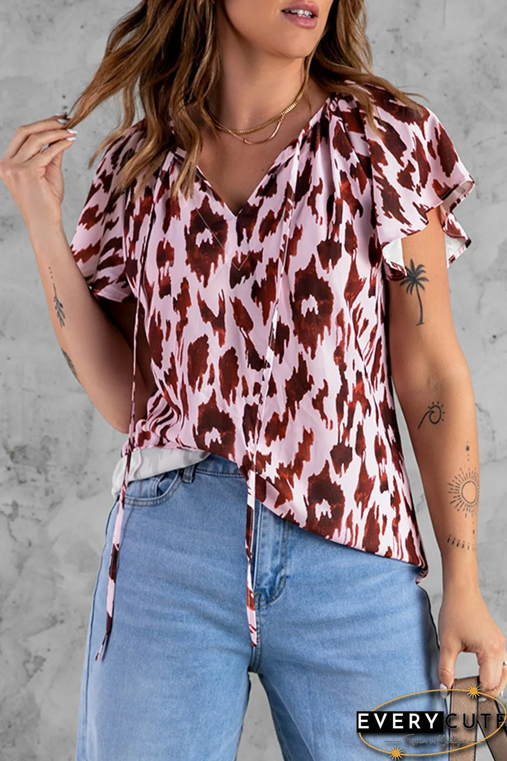 Leopard Print Flounce Drawstring Short Sleeve T-shirt