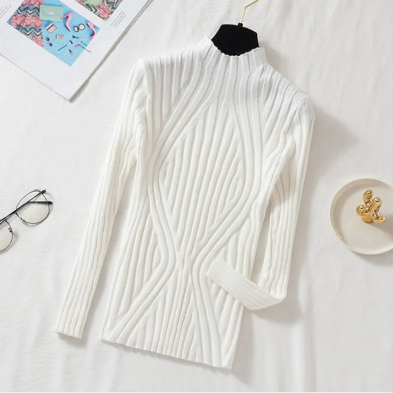 2021 Autumn Rainbow Slim Solid Sweater Tops Pullover Knitted Sweater Women Casual Long Sleeve Office Lady Jumper Sweater 17041