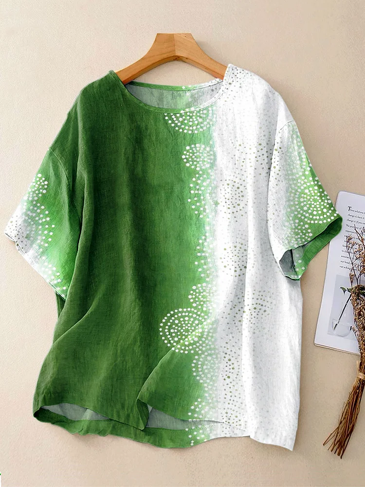 Women's Vintage Flower Art Print Casual Linen Crew Neck Shirt