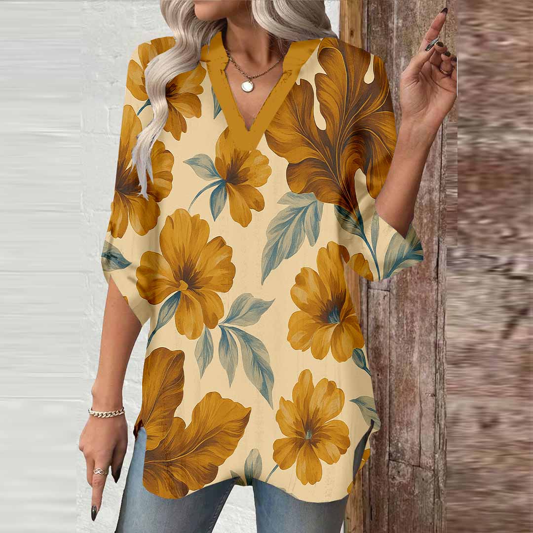 Women Floral, Yellow, Blue DZGA0214 3/4 Sleeve V-neck Printed Graphic Button Tops