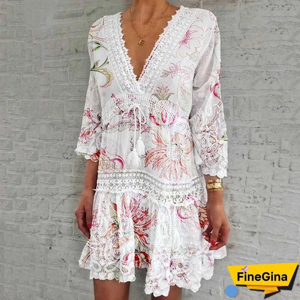 Women Fashion Floral Printed Dress Casual Beach Dress Summer V-neck Lace Dress Sexy Party Dress 3/4 Sleeve Boho Dress