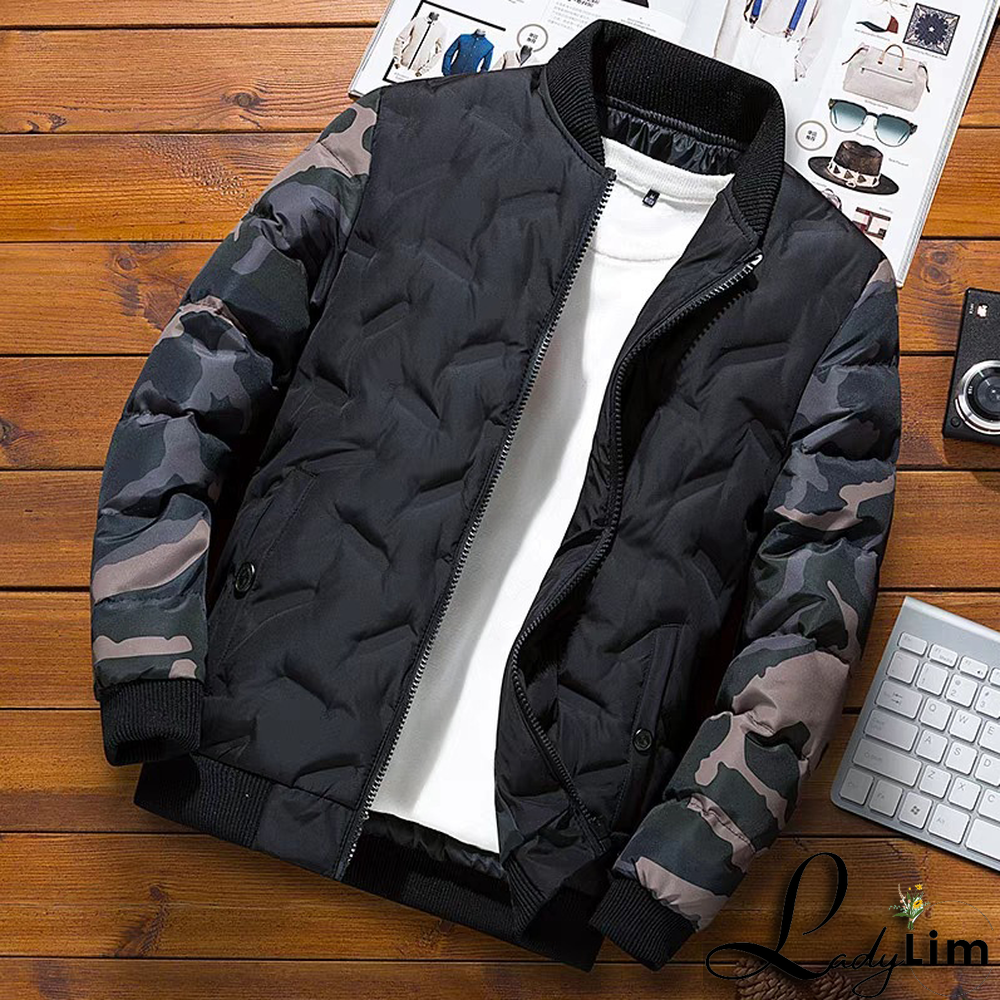 Black Fashion Street Camouflage Print Split Joint Zipper Mandarin Collar Outerwear