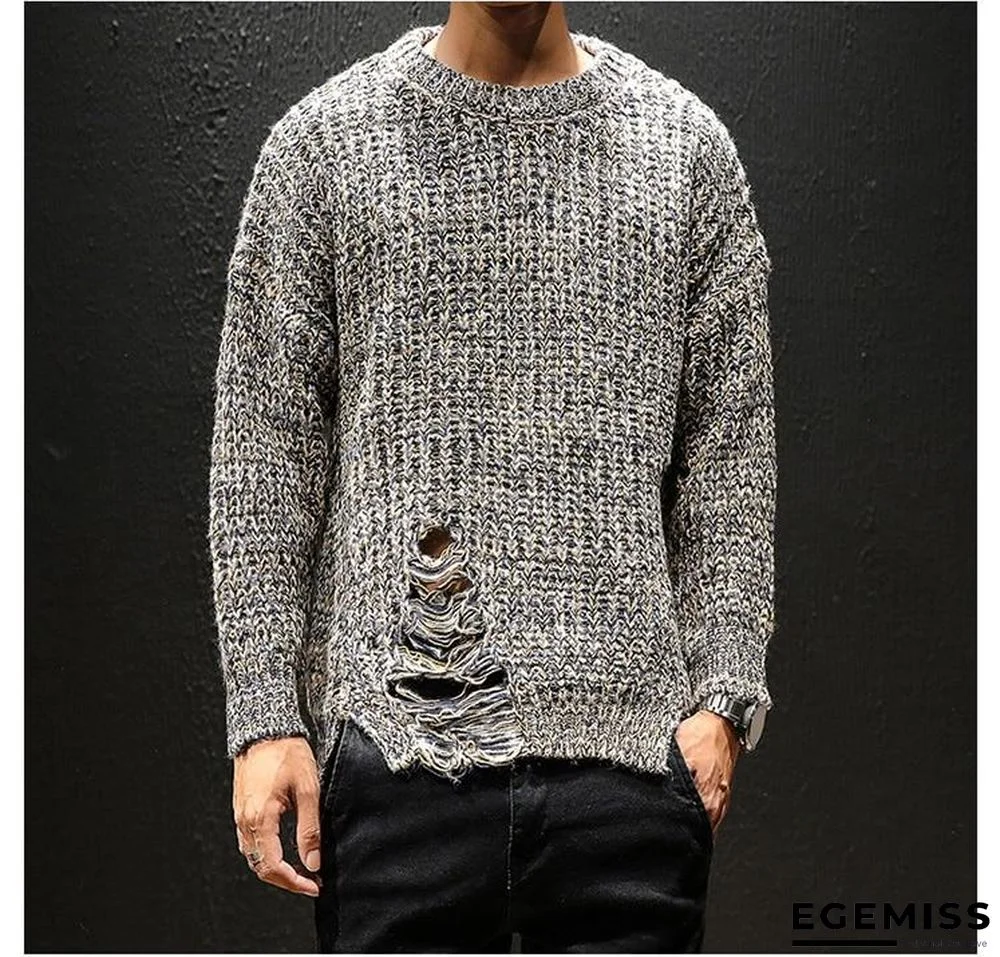 Men Ripped Hole Sweaters Pullovers Male Casual Fashion Slim Fit Large Size O Neck Knitted Sweaters Knitwear | EGEMISS