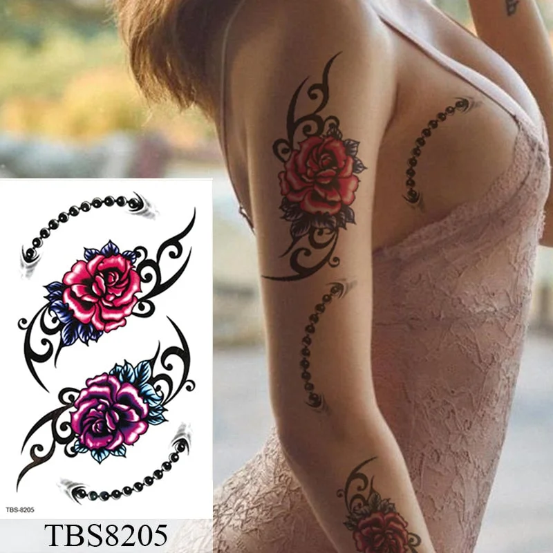 Waterproof Temporary Tattoo Sticker Flower Peony Rose Sketches Flash Tattoos Black Henna Body Art Arm Fake Tatoo Women Men