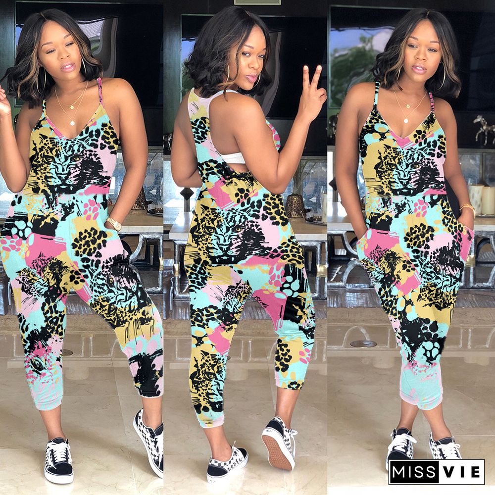 Colorful Elements Printed Loose Suspenders Jumpsuit