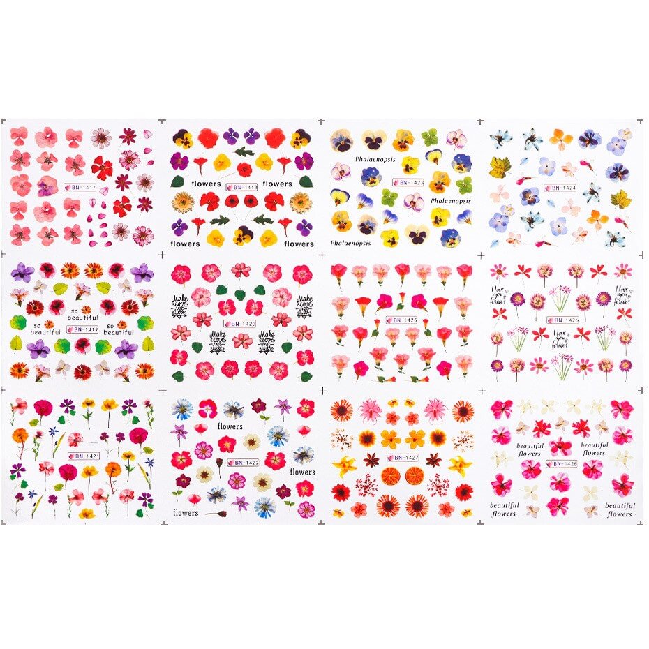 Nail Stickers Water Transfer Colorful Dry Flowers Designs 12Pcs/Set Nail Decal Decoration Tips For Beauty Salons