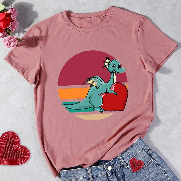 Dragon Valentines Heart Round Neck T-shirt-Annaletters