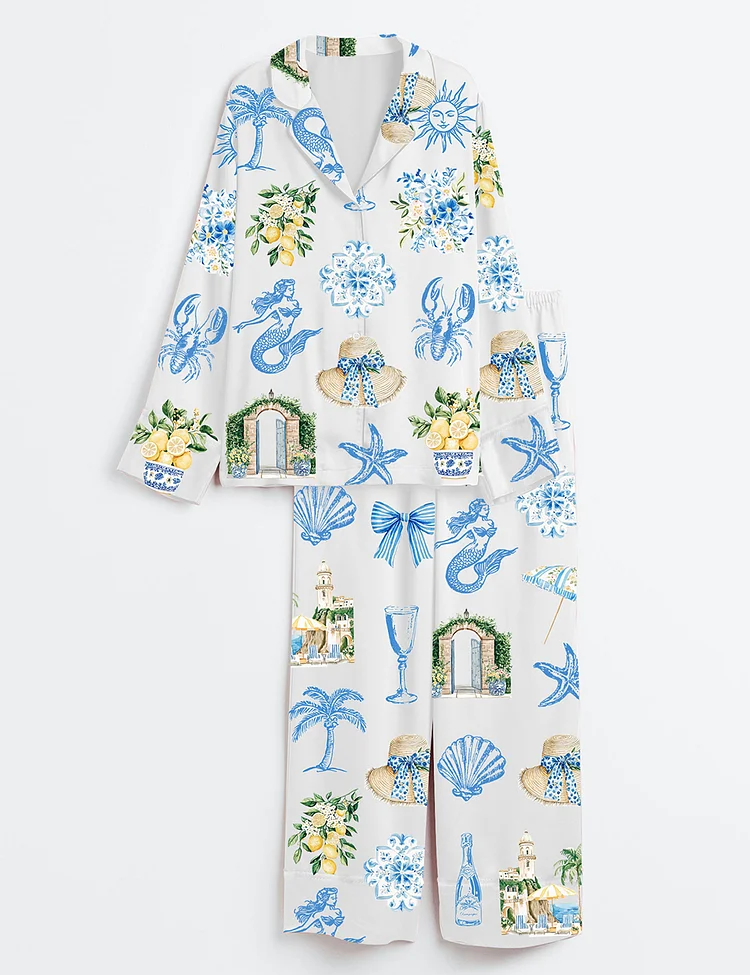 Women&rsquo;s Watercolor Whimsical Watercolor Amalfi Coast Preppy Italian Summer Mediterranean Lemon Cocktail Print Long Sleeve Satin Pajama Set