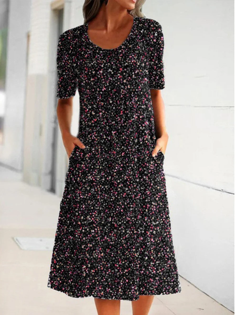 Women's Short Sleeve Scoop Neck Midi Dress With Pockets