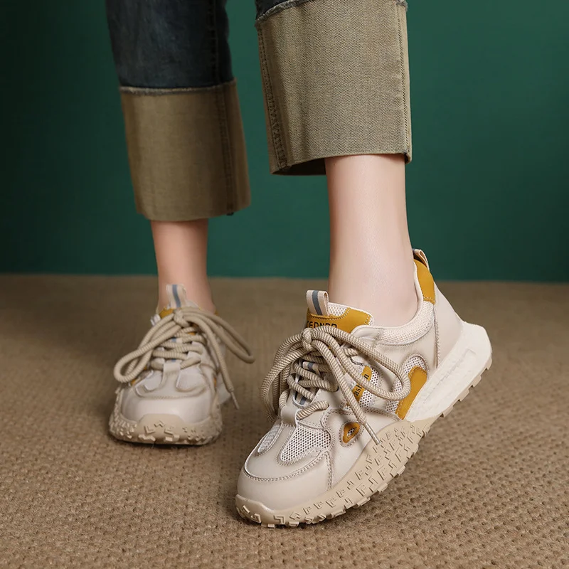 Yyvonne Layer Of Cowhers Old Dad Shoes 2025 Spring And Summer New Breathable Mesh Thick Bottom Casual Lace Single Shoes