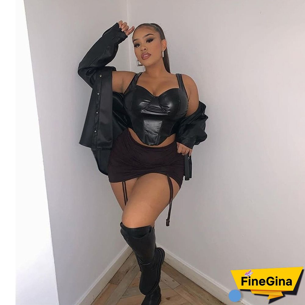 Faux Pu Leather Sexy Tank Push Up Brown Corset Crop Tops Women Club Party Sleeveless Female Backless Camis Tees