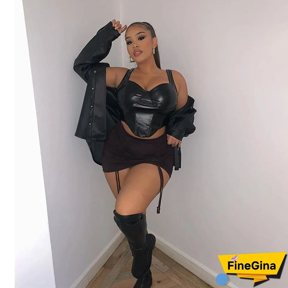 Faux Pu Leather Sexy Tank Push Up Brown Corset Crop Tops Women Club Party Sleeveless Female Backless Camis Tees