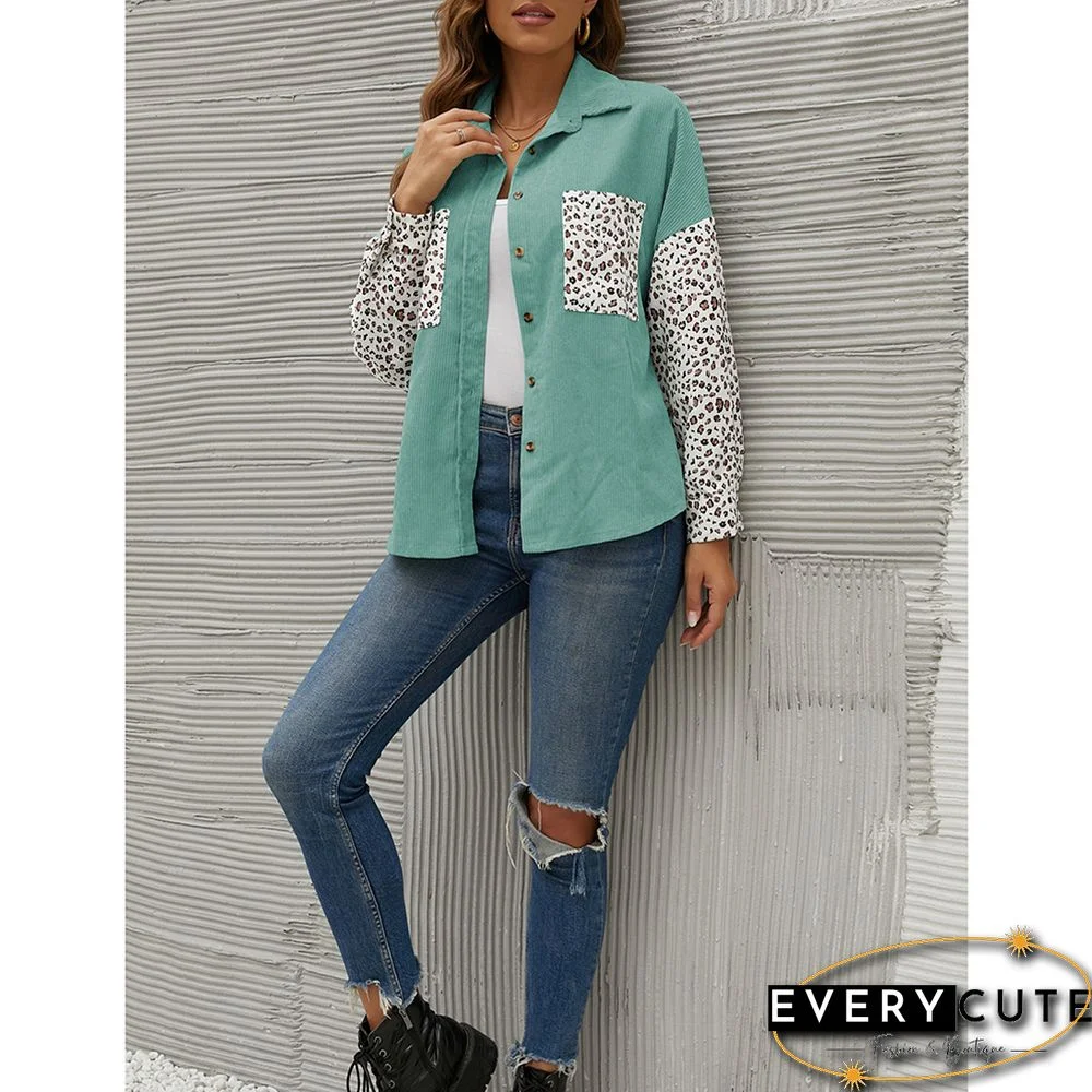 Green Contrast Leopard Corduroy Button Down Shirt