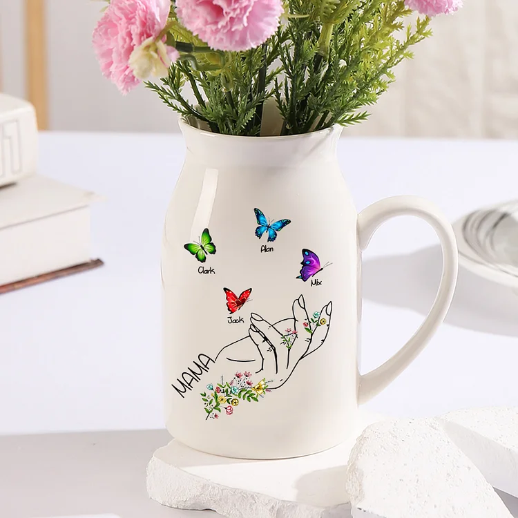 Kettenmachen Personalisierte 4 Namen & Text Schmetterlings in der Hand Familie Vase