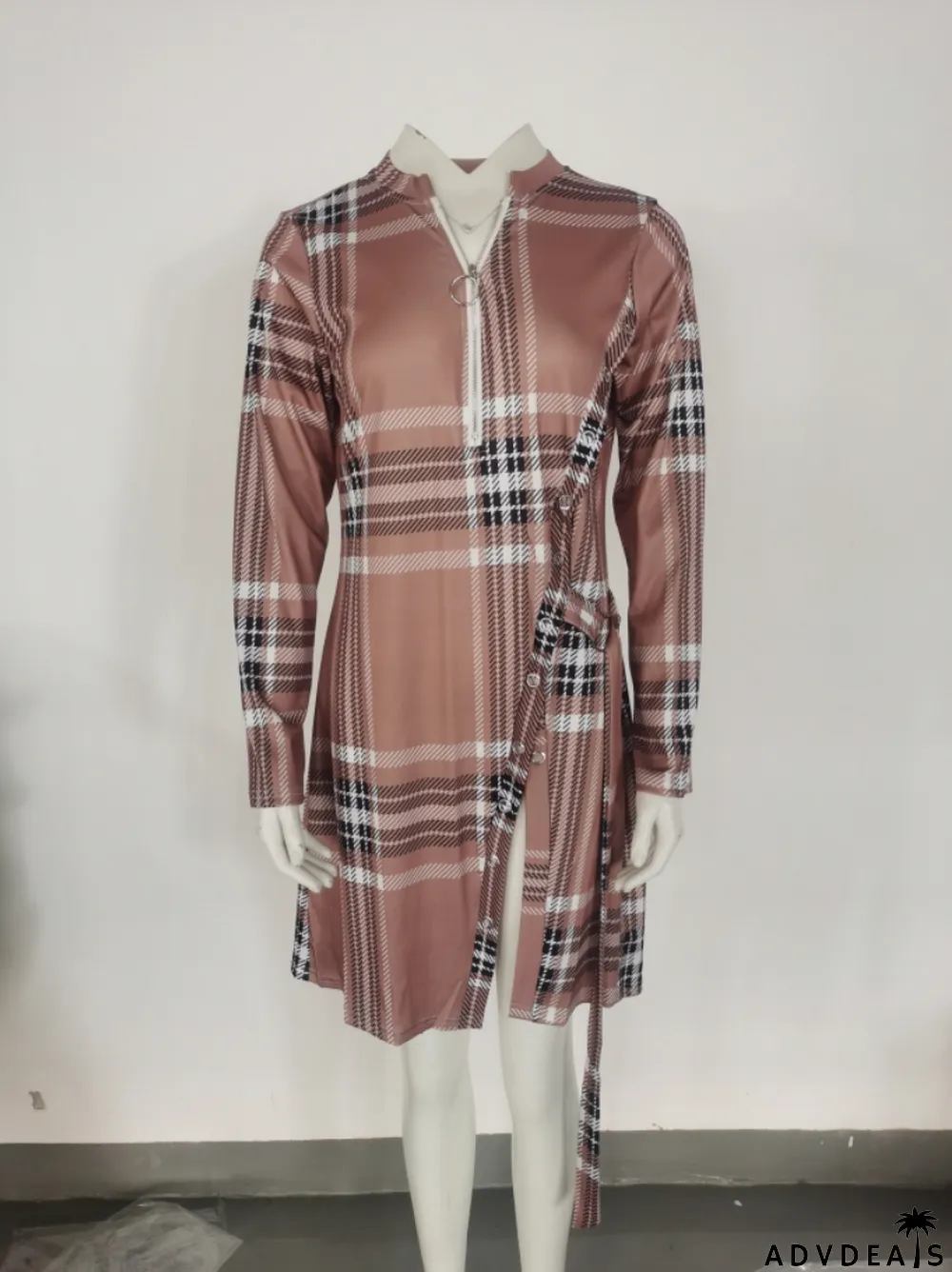 Spring Women Elegant Plaid Printed Zipper Up Full Sleeve Slit Long Blouse
