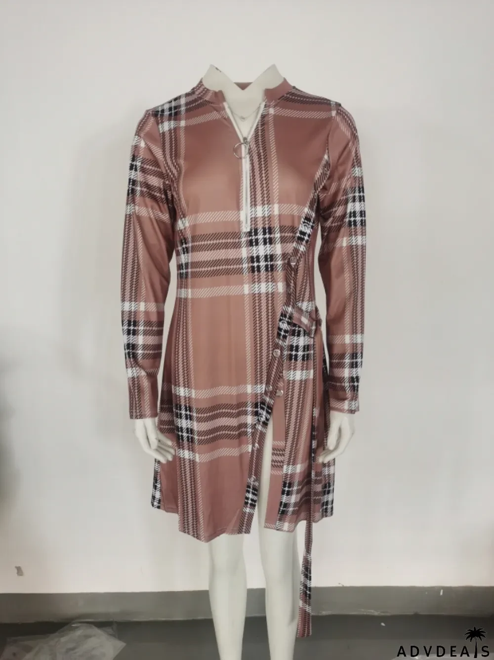 Spring Women Elegant Plaid Printed Zipper Up Full Sleeve Slit Long Blouse