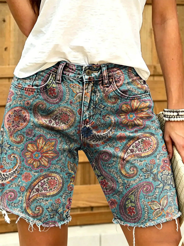 Ethnicity Flowers Paisley Geometry Women's Art Print Casual Denim Shorts