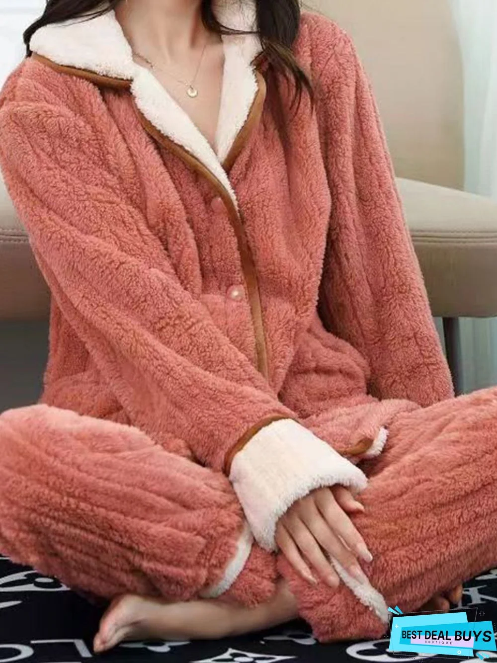 Colorblock Lapel Coral Fleece Home Warm Loose Plus Size Pajama Set