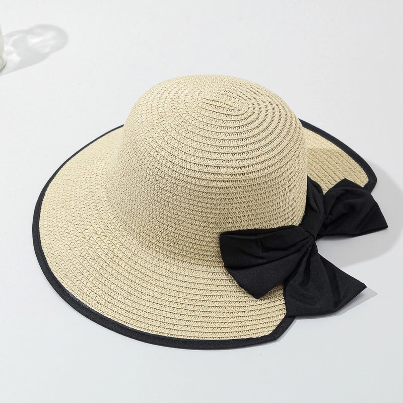 Women’s Casual Vacation Beach Color Block Bowknot Big Eaves Straw Hat