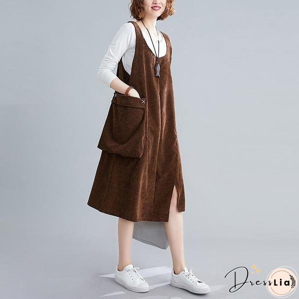 sleeveless plus size corduroy vintage women casual loose midi autumn spring elegant party dress clothes