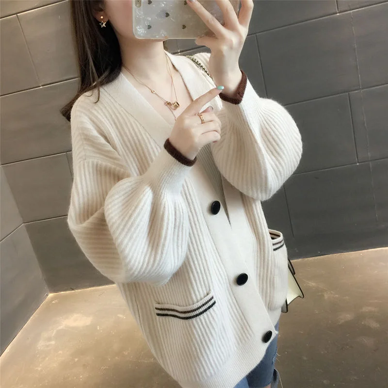 Cardigan Women Plus Size 3XL V-neck Button Solid Patched Warm Lovely Elegant Trendy Slim Girl Korean Style Loose Chic Simple New